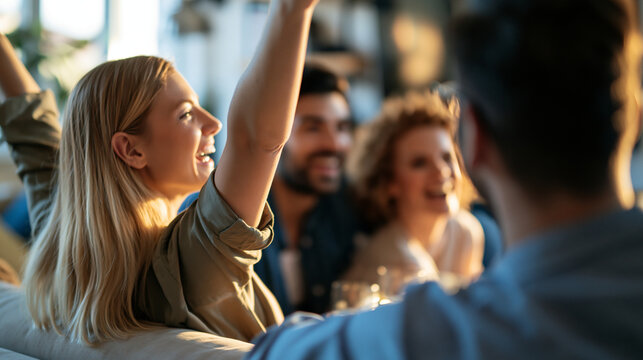 rear view of happy friends playing a name guessing game on a sofa at home, backs to camera, casual party entertainment concept, social interaction, laughter, indoor fun,