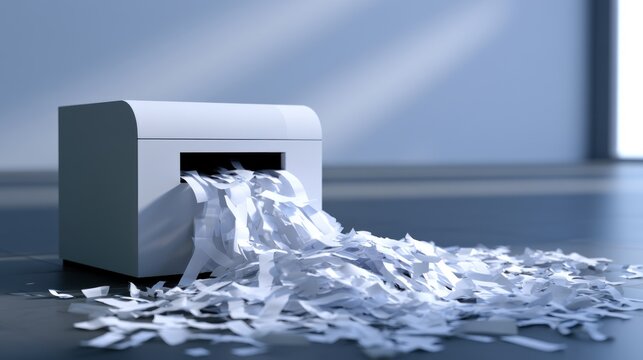 A paper shredder operates, ejecting long, curled strips of shredded paper onto a smooth, dark floor surface