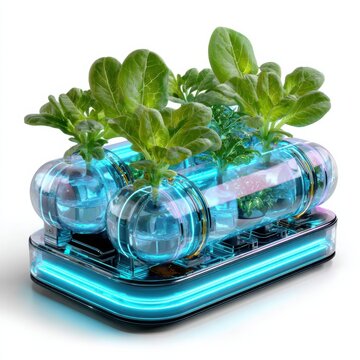 Hydroponic system with plants growing in clear containers under bright lights