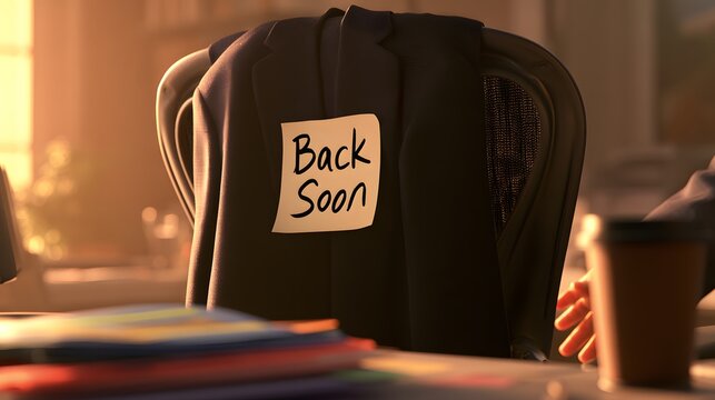 Back Soon note attached to office chair during temporary break.