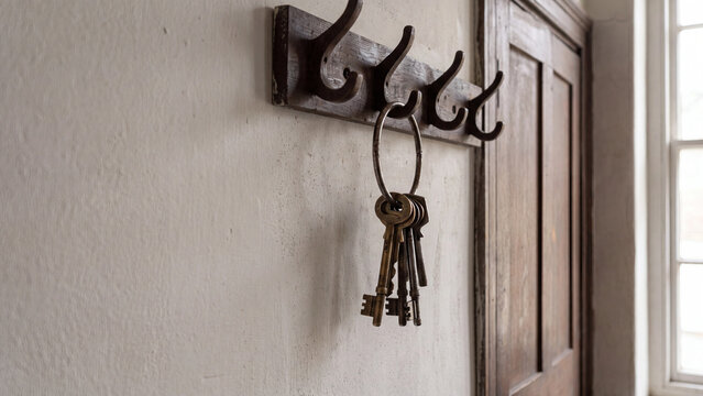 Bunch of old antique keys hanging on rustic wooden wall rack near a door representing business transition property access ownership and secure handover concept