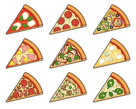 Nine Slices Of Pizza Pixel Art Style Featuring Various Toppings Like Pepperoni Mushrooms And Vegetables In A Grid Layout