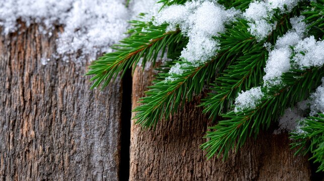 Snow-dusted pine branches on rustic wooden boards convey a cold, natural winter ambience