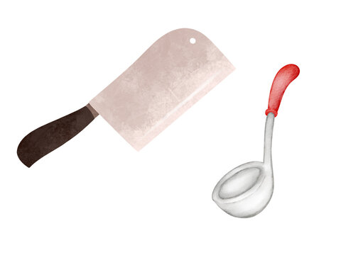 Watercolor illustration of kitchen utensils featuring a meat cleaver and a ladle