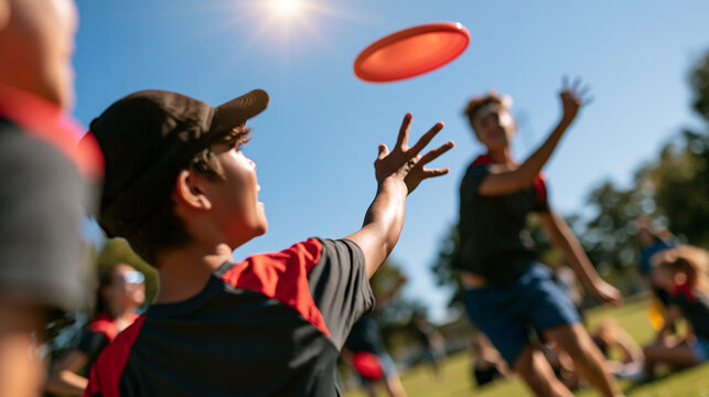 rear view of young teenagers in team wear playing an ultimate frisbee match in a bright park, one jumping to catch the frisbee, backs to camera, teamwork concept, outdoor