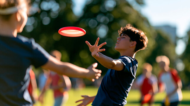 rear view of young teenagers in team wear playing an ultimate frisbee match in a bright park, one jumping to catch the frisbee, backs to camera, teamwork concept, outdoor