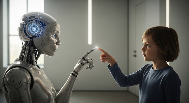 A young child and a humanoid robot touch fingertips, symbolizing the connection between humanity and artificial intelligence in a bright, modern setting.