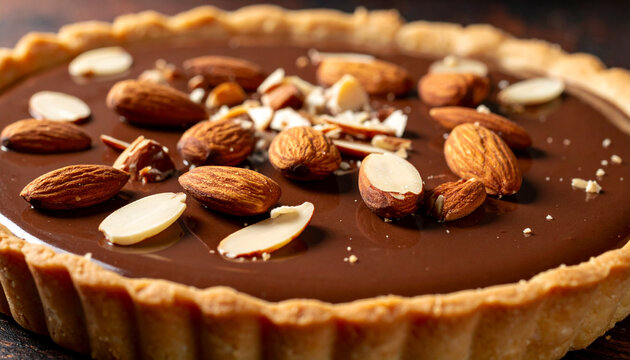 Chocolate almond tart with crunchy almond pieces embedded in glossy chocolate glaze
