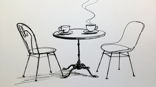 Charming Sketch of a Parisian Cafe Table with Two Coffee Cups and Steaming Aroma