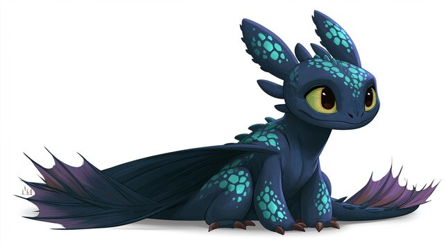 Cute blue baby dragon with teal spots sitting on white background looking curious and friendly
