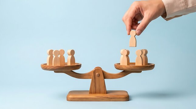 Wooden balance scale with small figures and hand placing block
