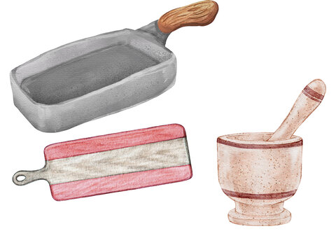 Watercolor illustration of cooking items featuring a square pan, cutting board and mortar and pestle