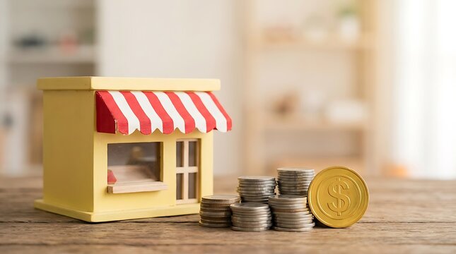 Toy shop model with coins and gold dollar miniature shop