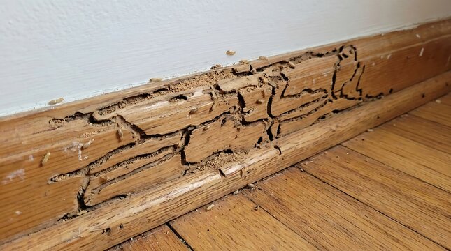 Termite damage in wooden baseboard termites infestation