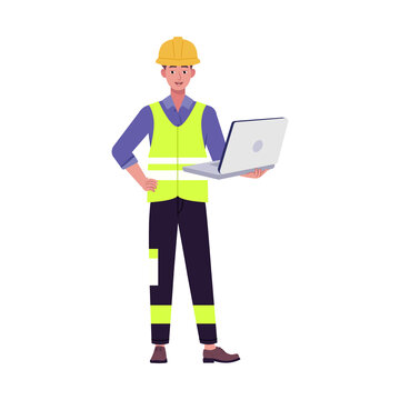Construction worker using laptop