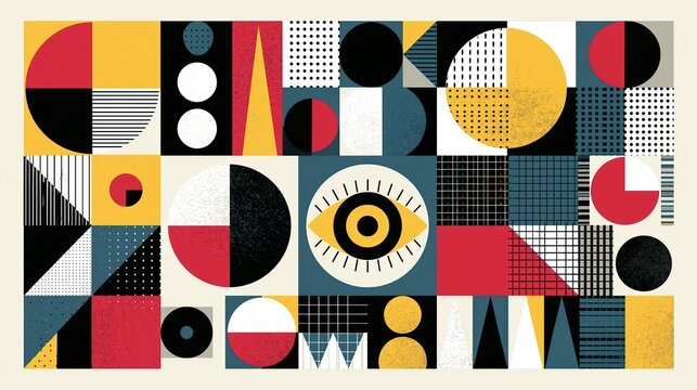 Abstract geometric collage featuring circles, triangles and patterns in red yellow black white blue with central eye motif