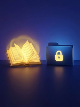 Open book and locked folder on dark background, glowing book