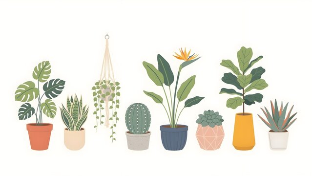 Flat vector illustration of eight various houseplants in a row, monstera, cactus, fiddle leaf fig, succulent and bird of paradise in pots.
