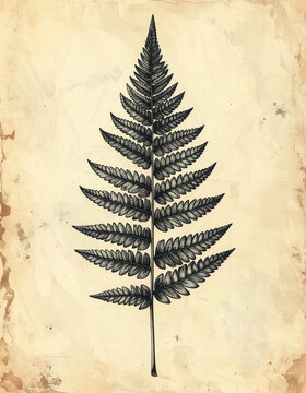 Vintage botanical engraving of a single fern leaf with delicate natural history detai