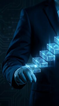 Hand pointing at glowing digital blocks