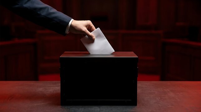 Hand placing white ballot into black voting box election