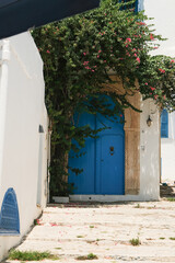 Fototapeta premium White Mediterranean building and Bougainvillea in Mediterranean Town