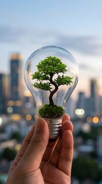Hand holding light bulb with tree inside, city skyline background