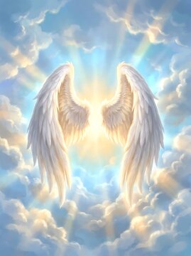 Glowing white angel wings in heavenly clouds white wings