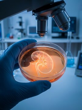 Gloved hand holding kidney-shaped model under microscope