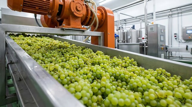 Conveyor belt with green grapes in industrial processing plant
