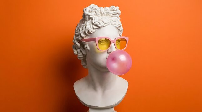 Classical statue bust blowing pink bubblegum with sunglasses