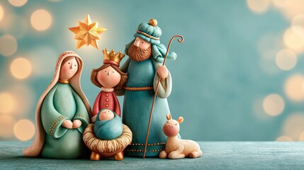Fototapeta premium Charming Nativity Scene with Mary, Joseph, Baby Jesus, and Animals, illuminated by a Star and bokeh lights