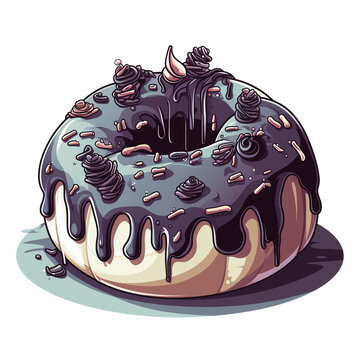Delicious dark chocolate glazed donut with sprinkles and cream, sweet bakery dessert and Halloween spooky pastry vector illustration sticker design