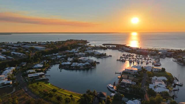 Aerial view of Cullen Bay Marina in Darwin at sunset, Northern Territory, Australia