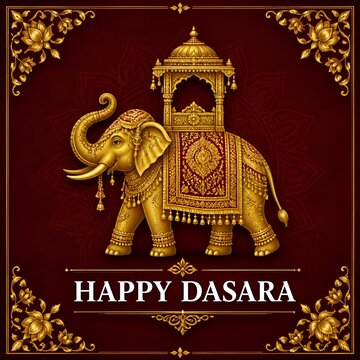 karnataka Concept of festival and celebrations, Carrying Golden Howdah or Chinnada Ambari on the leading Elephant during the Jamboo Savari or procession of Mysuru Dussehra at Mysore ...