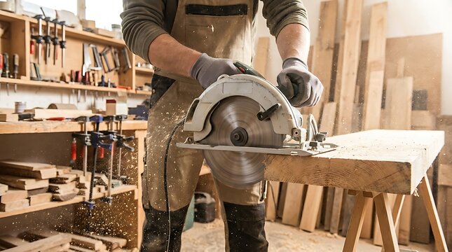Carpenter cutting wood with circular saw in workshop