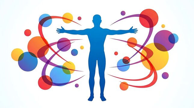 Blue silhouette with colorful swirling circles human figure