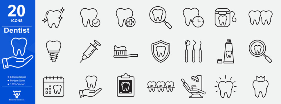 Dentist line icons set depicting oral hygiene treatment and dental care concepts