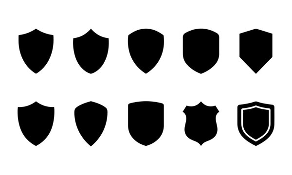 Security shield icon set, black protection vectors, safety symbols collection, armor outline, guarantee sign, heraldry elements, isolation white background, emblem logos