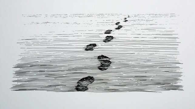 Footprints Leading Across Rippling Water Surface Towards Distant Horizon in Minimalist Black and White