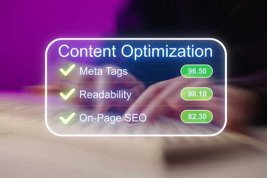 People working on content optimization with focus on meta tags, readability, and on-page SEO scores in a modern setting