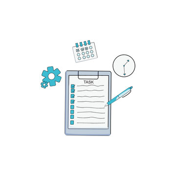 Task Management Checklist with Clipboard, Calendar, Clock and Pen Vector Illustration