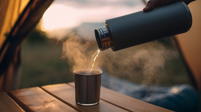 Hot drink poured from thermos into cup at outdoor campsite.