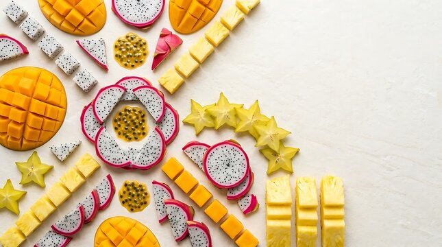 Geometric fruit layout with dragonfruit mango starfruit and pineapple for tropical dietary concept.