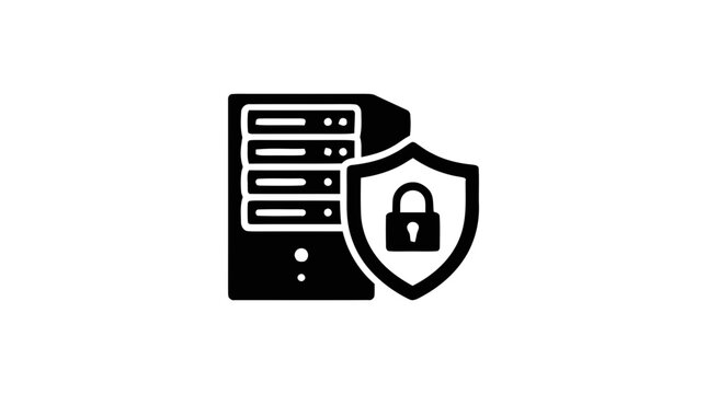 Vector illustration of server icon with shield and padlock symbol for secure data protection on a transparent background