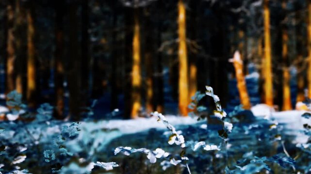 Snow covers the ground and the leaves of small plants. Tall trees stand in the background. Light filters through the branches. It is daytime in a forest during winter.