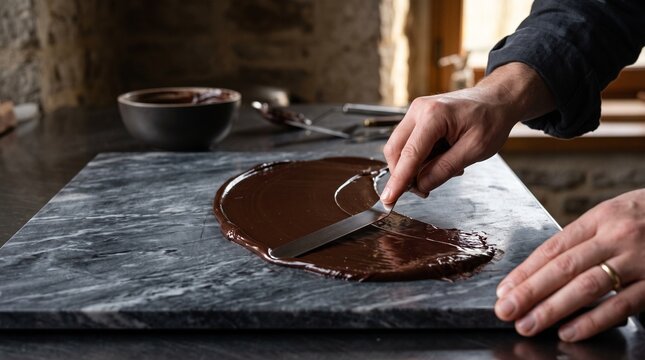 Tempering dark chocolate by hand on a marble slab