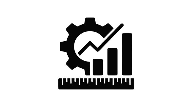 Vector illustration of gear icon with a bar chart and ruler, representing data measurement and analysis on a transparent background
