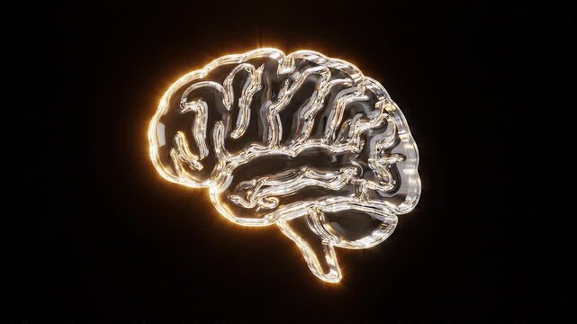 Neon glowing glass brain model symbol for e-learning education and university technology concepts on black background