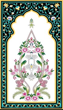 Floral pattern inside an ornate archway frame with botanical, decoration